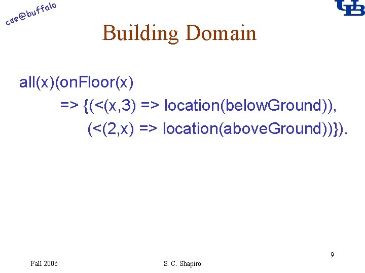 alo f buf @ cse Building Domain all(x)(on. Floor(x) => {(<(x, 3) => location(below.