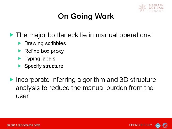 On Going Work The major bottleneck lie in manual operations: Drawing scribbles Refine box