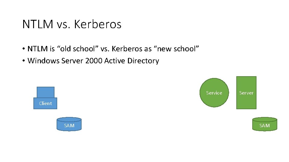 NTLM vs. Kerberos • NTLM is “old school” vs. Kerberos as “new school” •