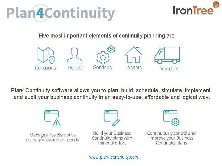 Five most important elements of continuity planning are Locations People Services Assets Vendors Plan