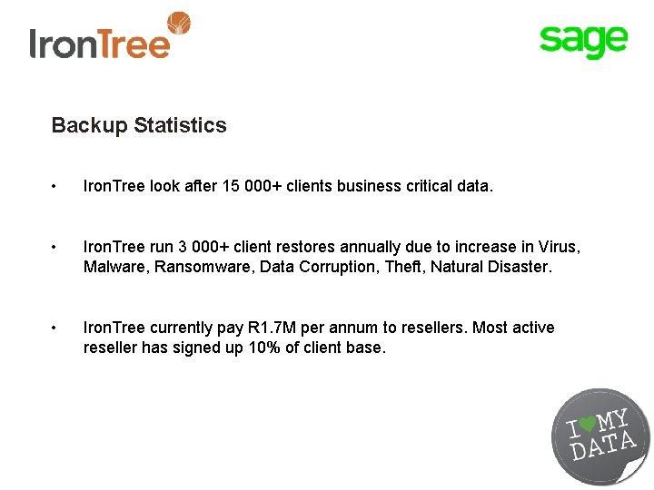 Backup Statistics • Iron. Tree look after 15 000+ clients business critical data. •