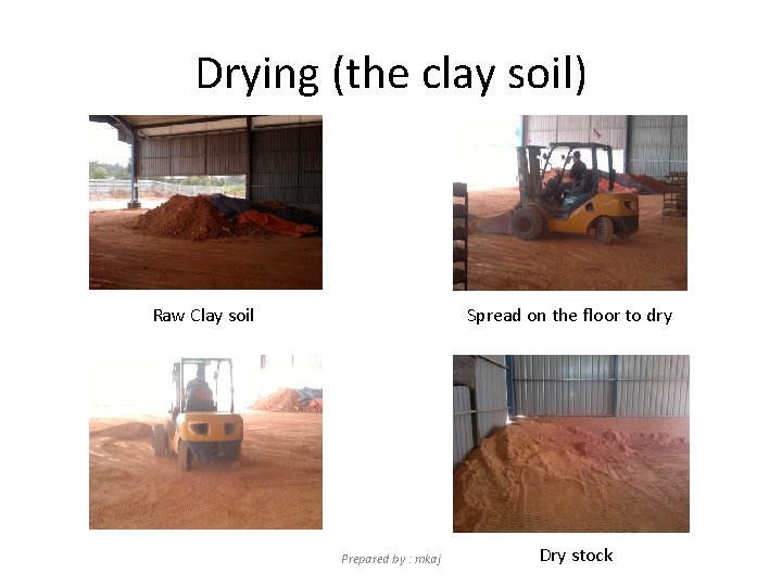 Drying (the clay soil) Raw Clay soil Spread on the floor to dry Prepared