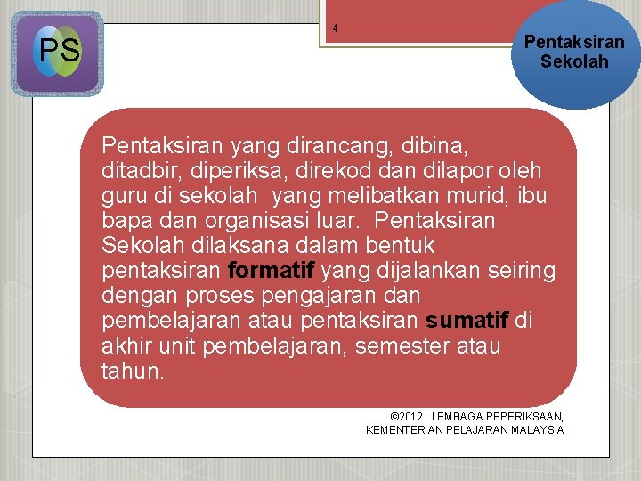 PS 4 Pentaksiran Sekolah Pentaksiran yang dirancang, dibina, ditadbir, diperiksa, direkod dan dilapor oleh