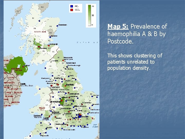 Map 5: Prevalence of haemophilia A & B by Postcode. This shows clustering of