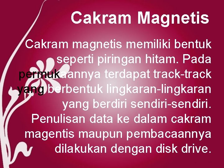 Cakram Magnetis Cakram magnetis memiliki bentuk seperti piringan hitam. Pada permukaannya terdapat track-track yang