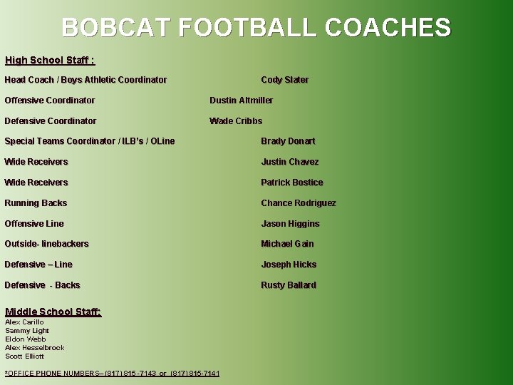 BOBCAT FOOTBALL COACHES High School Staff : Head Coach / Boys Athletic Coordinator Cody