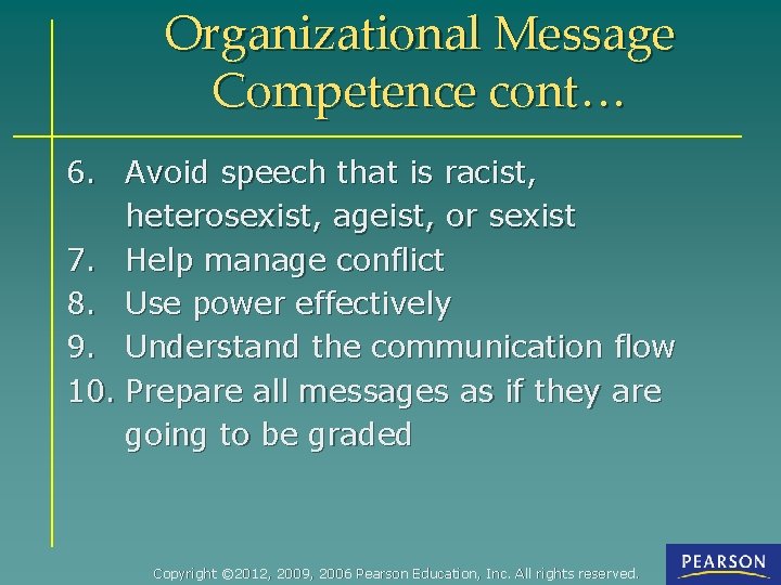 Organizational Message Competence cont… 6. Avoid speech that is racist, heterosexist, ageist, or sexist