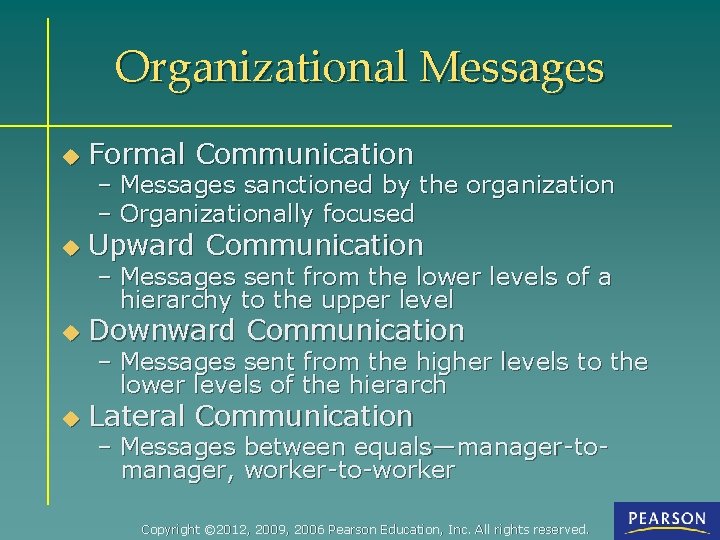 Organizational Messages u Formal Communication u Upward Communication u Downward Communication u Lateral Communication