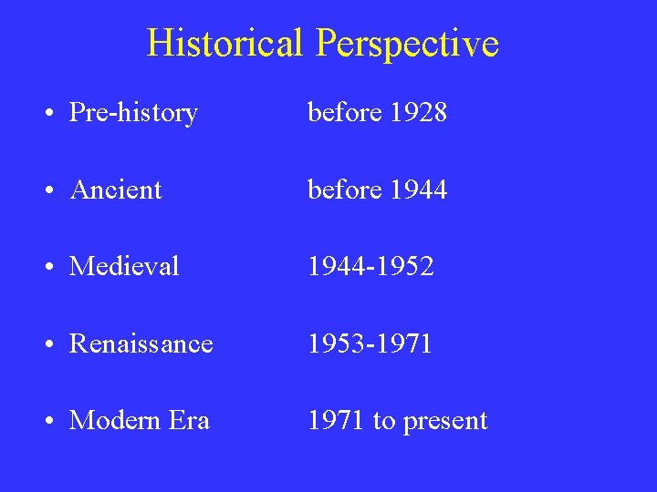 Historical Perspective • Pre-history before 1928 • Ancient before 1944 • Medieval 1944 -1952