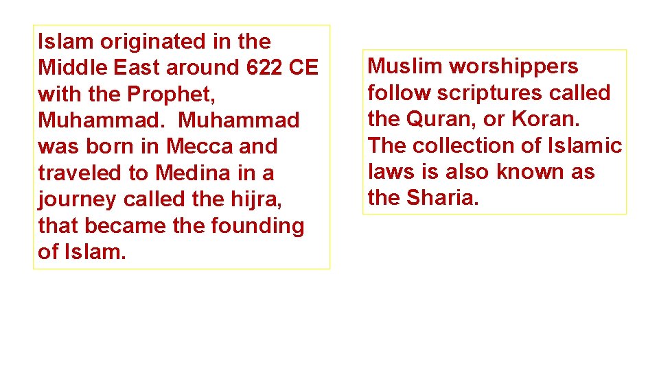 Islam originated in the Middle East around 622 CE with the Prophet, Muhammad was