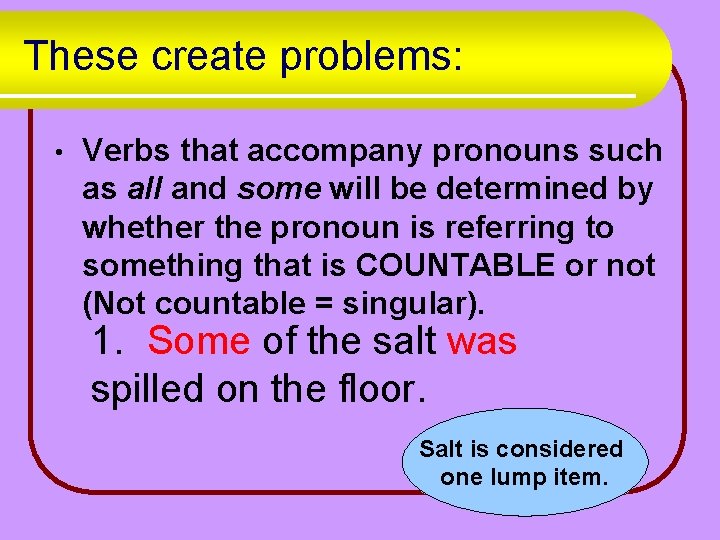 These create problems: • Verbs that accompany pronouns such as all and some will