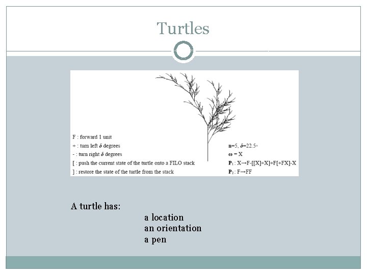 Turtles A turtle has: a location an orientation a pen 