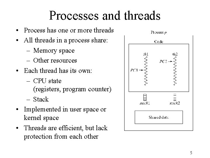 Processes and threads • Process has one or more threads • All threads in