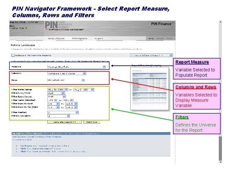 PIN Navigator Framework - Select Report Measure, Columns, Rows and Filters Report Measure Variable