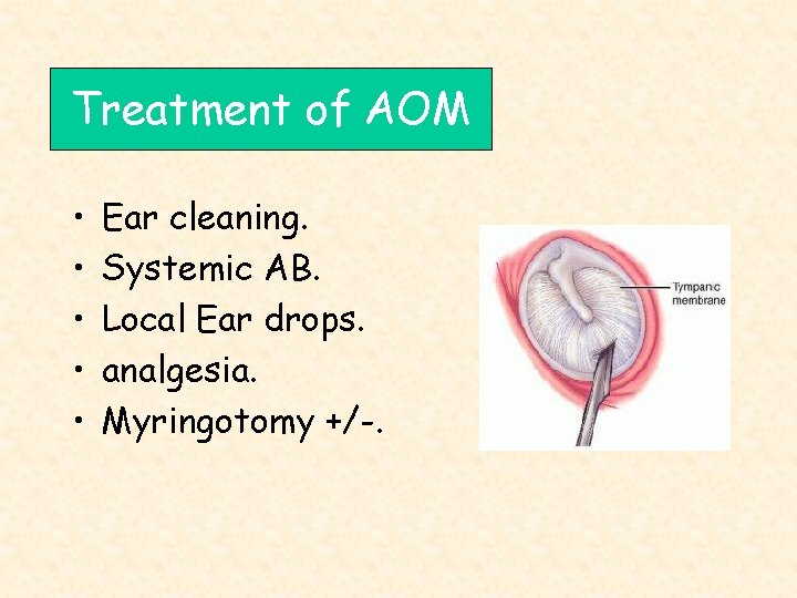 Treatment of AOM • • • Ear cleaning. Systemic AB. Local Ear drops. analgesia.