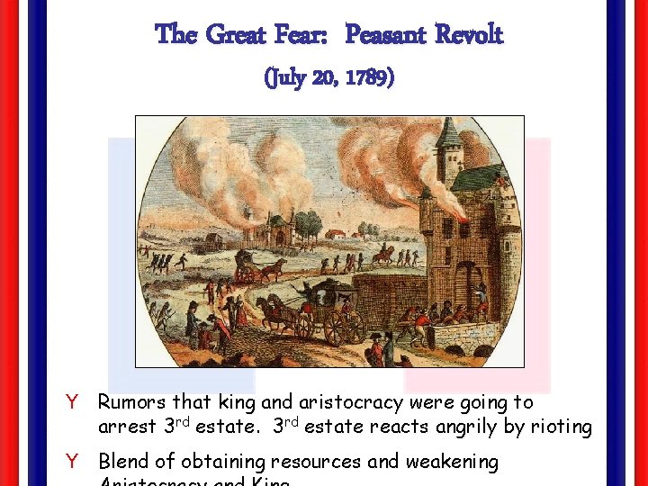 The Great Fear: Peasant Revolt (July 20, 1789) Y Rumors that king and aristocracy