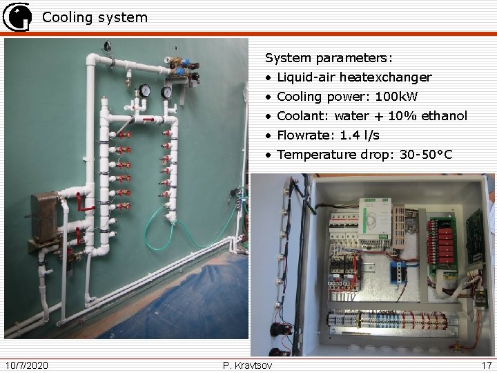 Cooling system System parameters: • Liquid-air heatexchanger • Cooling power: 100 k. W •