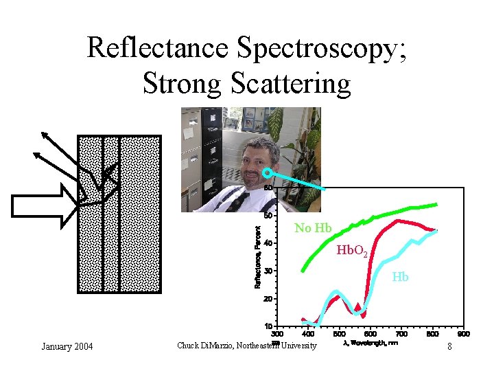 Reflectance Spectroscopy; Strong Scattering No Hb Hb. O 2 Hb January 2004 Chuck Di.