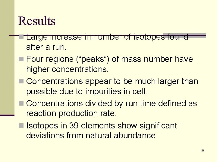 Results n Large increase in number of isotopes found after a run. n Four
