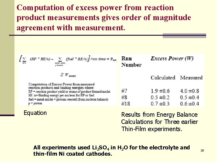 Computation of excess power from reaction product measurements gives order of magnitude agreement with
