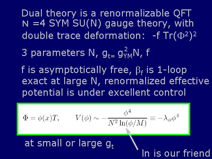 Dual theory is a renormalizable QFT N =4 SYM SU(N) gauge theory, with double