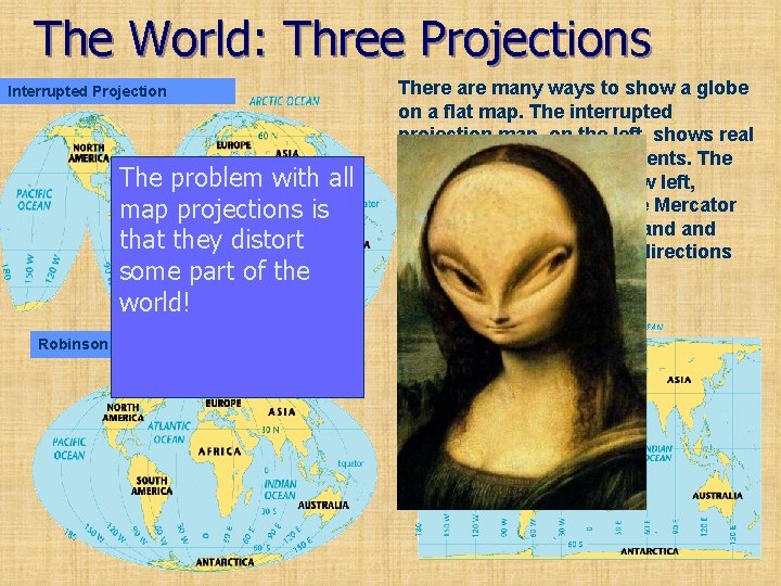 The World: Three Projections Interrupted Projection The problem with all map projections is that
