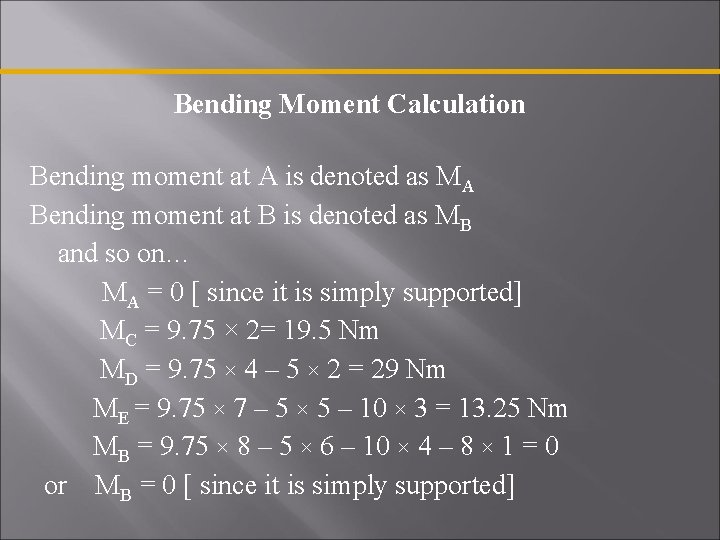 Bending Moment Calculation Bending moment at A is denoted as MA Bending moment at