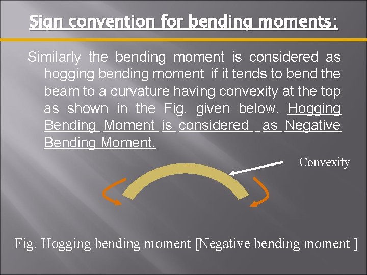 Sign convention for bending moments: Similarly the bending moment is considered as hogging bending