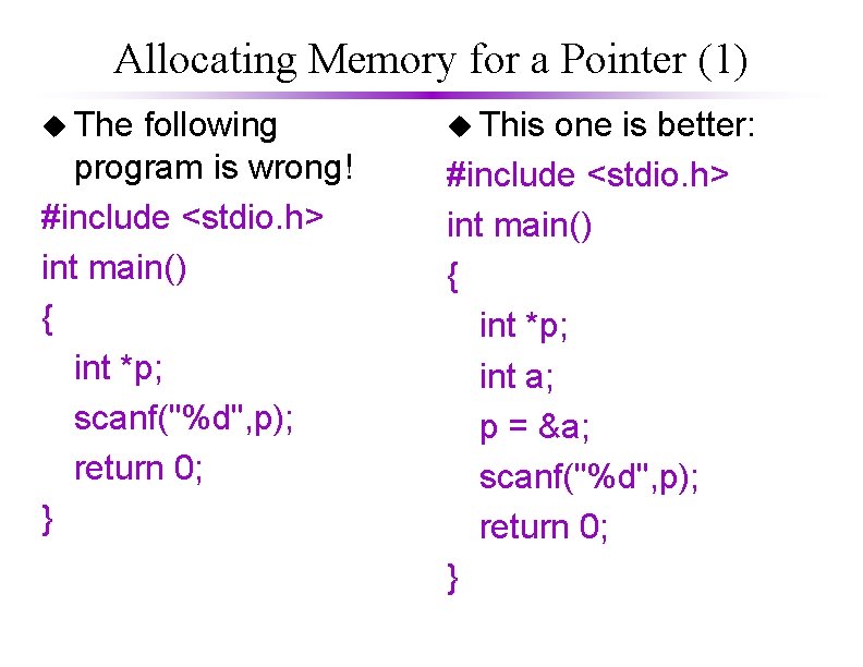Allocating Memory for a Pointer (1) u The following program is wrong! #include <stdio.