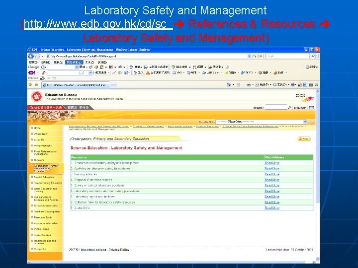 Laboratory Safety and Management (http: //www. edb. gov. hk/cd/sc References & Resources Laboratory Safety