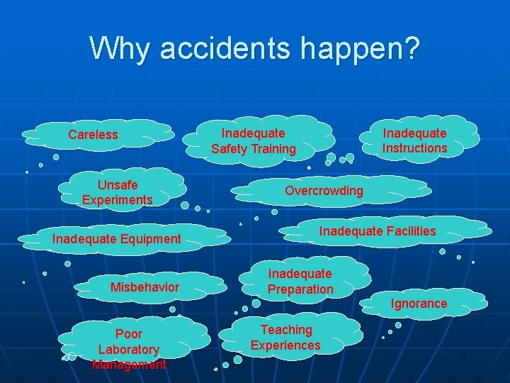 Why accidents happen? Careless Unsafe Experiments Inadequate Equipment Misbehavior Inadequate Instructions Inadequate Safety Training