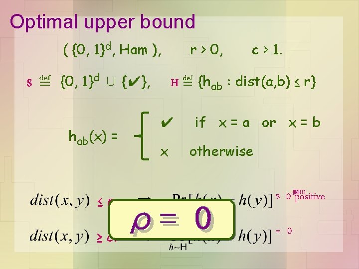 Optimal upper bound ( {0, 1}d, Ham ), S ≝ {0, 1}d ∪ {✔}, Optimal upper bound ( {0, 1}d, Ham ), S ≝ {0, 1}d ∪ {✔},