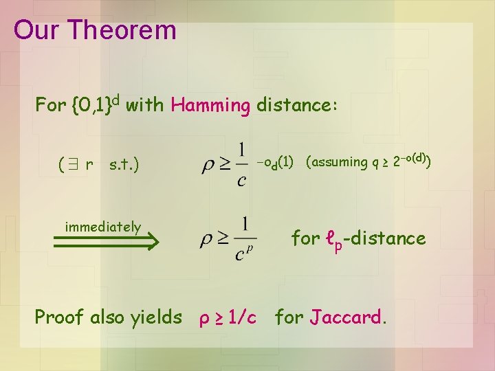 Our Theorem For {0, 1}d with Hamming distance: (∃ r s. t. ) immediately Our Theorem For {0, 1}d with Hamming distance: (∃ r s. t. ) immediately