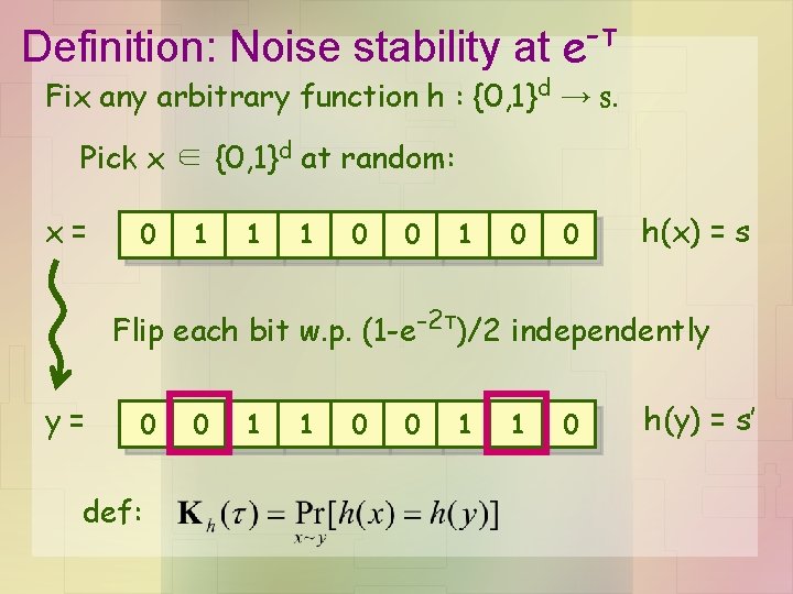 Definition: Noise stability at -т e Fix any arbitrary function h : {0, 1}d Definition: Noise stability at -т e Fix any arbitrary function h : {0, 1}d
