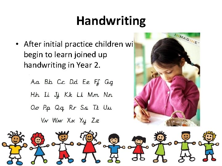 Handwriting • After initial practice children will begin to learn joined up handwriting in