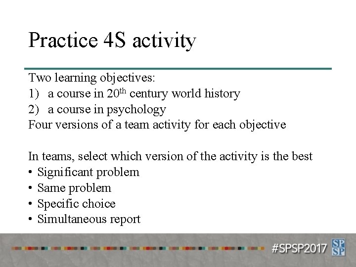 Practice 4 S activity Two learning objectives: 1) a course in 20 th century