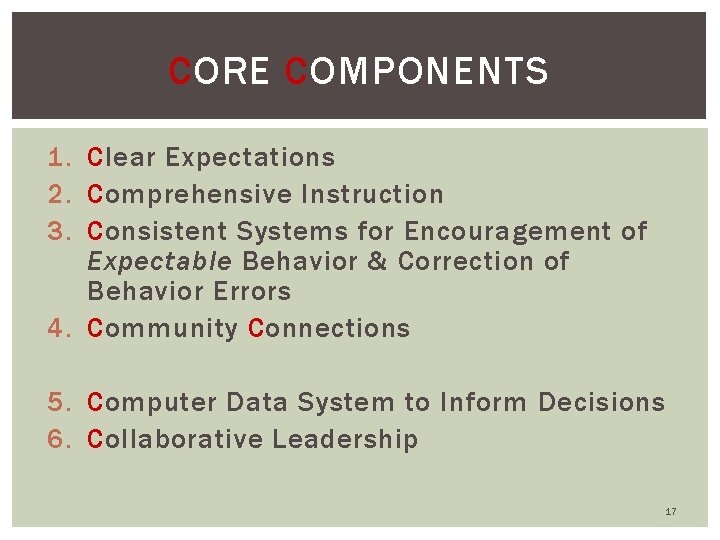 CORE COMPONENTS 1. Clear Expectations 2. Comprehensive Instruction 3. Consistent Systems for Encouragement of