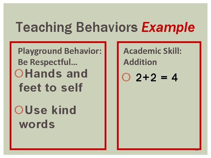 Teaching Behaviors Example Playground Behavior: Be Respectful… Hands and feet to self Academic Skill: