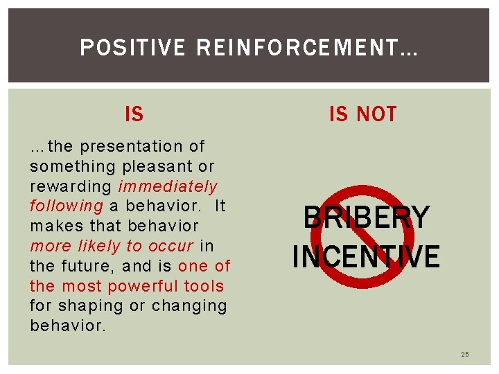 POSITIVE REINFORCEMENT… IS IS NOT …the presentation of something pleasant or rewarding immediately following