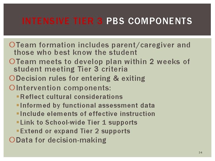 INTENSIVE TIER 3 PBS COMPONENTS Team formation includes parent/caregiver and those who best know
