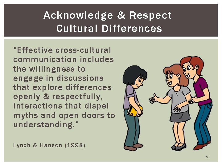 Acknowledge & Respect Cultural Differences “Effective cross-cultural communication includes the willingness to engage in