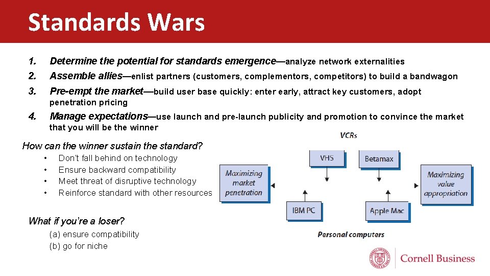 Standards Wars 1. 2. Determine the potential for standards emergence—analyze network externalities 3. Pre-empt