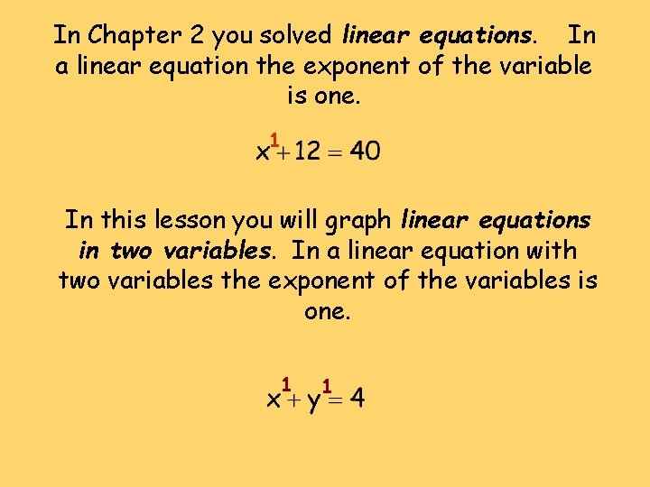 In Chapter 2 you solved linear equations. In a linear equation the exponent of