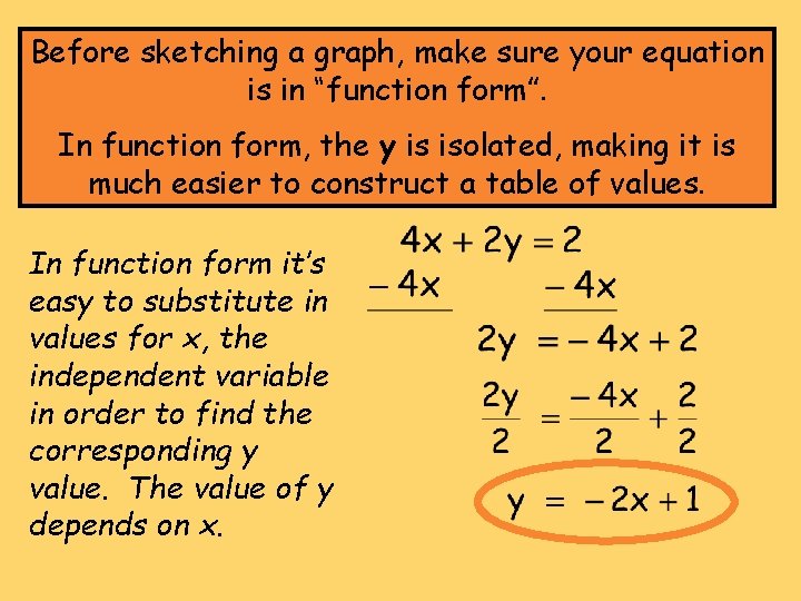 Before sketching a graph, make sure your equation is in “function form”. In function