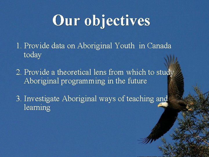 Our objectives 1. Provide data on Aboriginal Youth in Canada today 2. Provide a