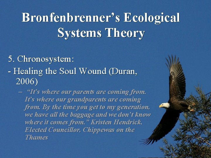 Bronfenbrenner’s Ecological Systems Theory 5. Chronosystem: - Healing the Soul Wound (Duran, 2006) –