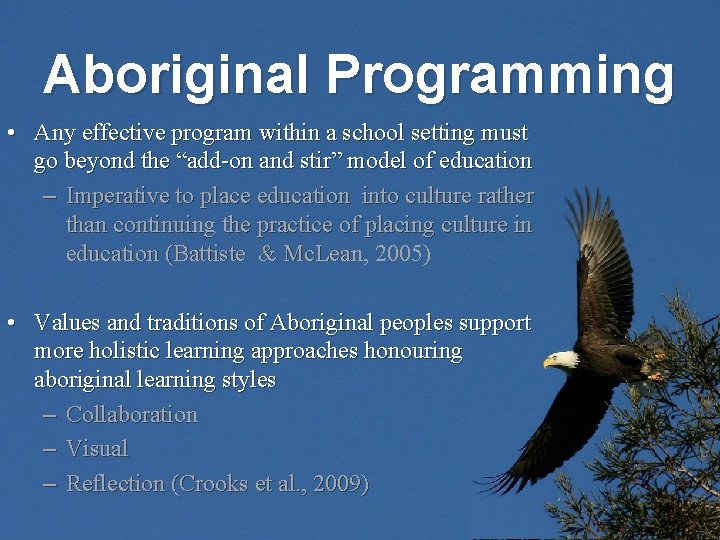 Aboriginal Programming • Any effective program within a school setting must go beyond the