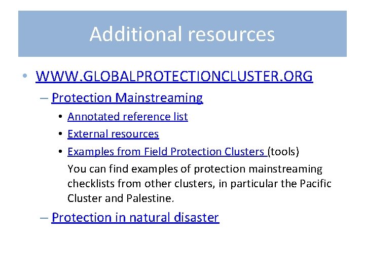 Additional resources • WWW. GLOBALPROTECTIONCLUSTER. ORG – Protection Mainstreaming • Annotated reference list •