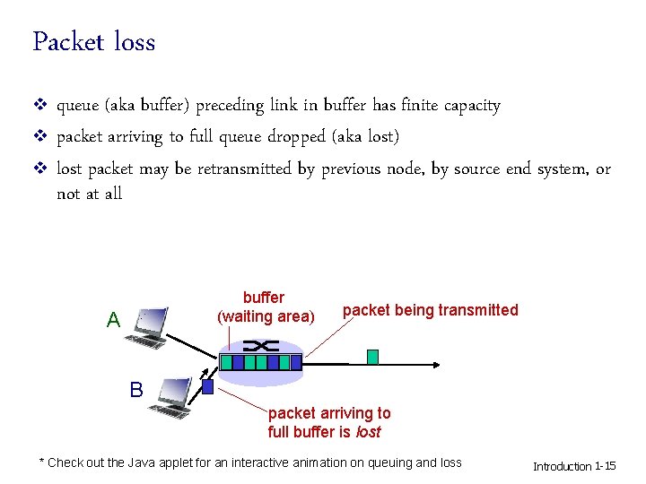 Packet loss v v v queue (aka buffer) preceding link in buffer has finite