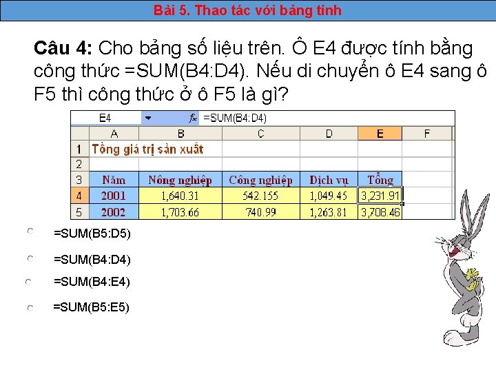 Bài 5. Thao tác với bảng tính Câu 4: Cho bảng số liệu trên.